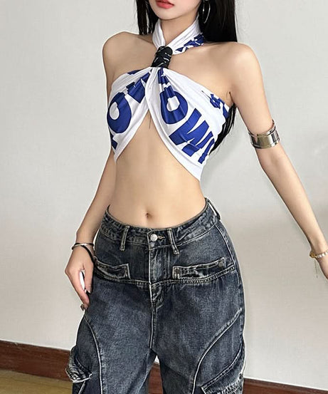 Effortless Edge: Black & White Twist-Front Halter Crop Top | American Fall Street Style