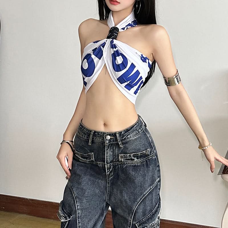 Effortless Edge: Black & White Twist-Front Halter Crop Top | American Fall Street Style