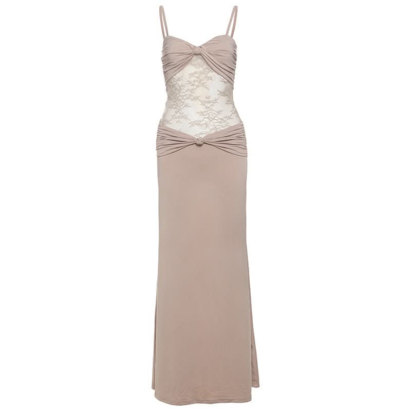 Autumn Allure: Elegant Ruched Lace Panel Cami Maxi Dress - Holiday Party & Gala Ready