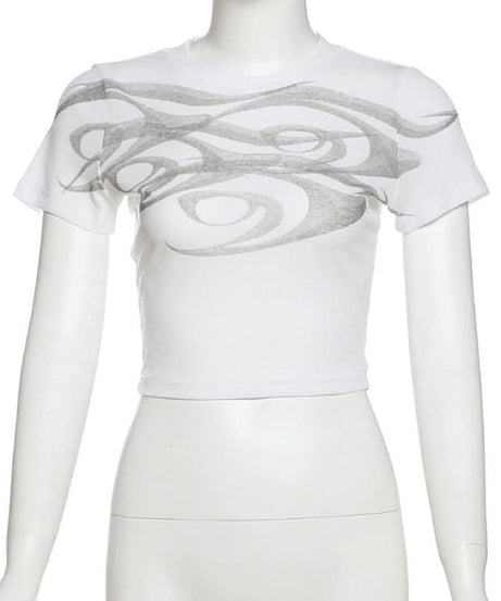 Abstract Wave Print Slim Fit Crop Top - Y2K Style for Effortless Fall Fashion