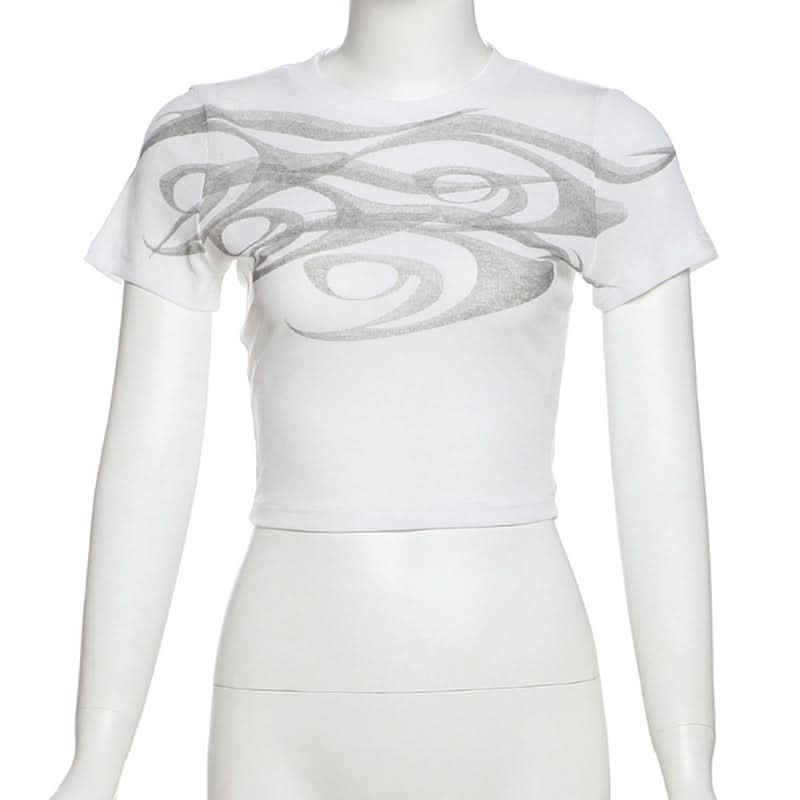 Abstract Wave Print Slim Fit Crop Top - Y2K Style for Effortless Fall Fashion