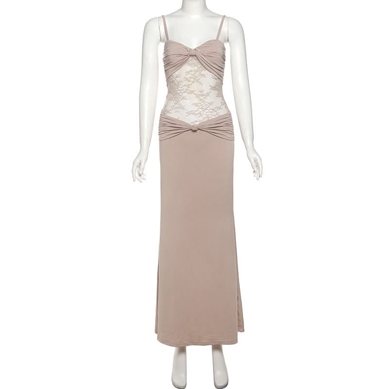 Autumn Allure: Elegant Ruched Lace Panel Cami Maxi Dress - Holiday Party & Gala Ready