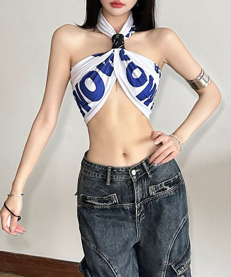 Effortless Edge: Black & White Twist-Front Halter Crop Top | American Fall Street Style