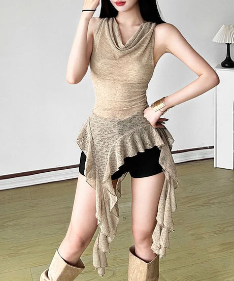 Effortless Fall Flow: Sheer Knit Asymmetric Ruffle Cowl Neck Tunic