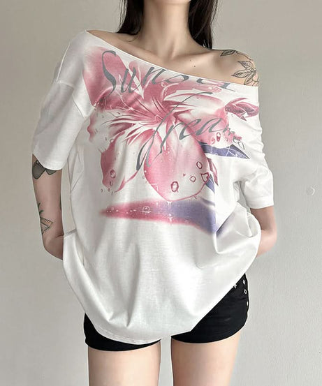 Fall Bloom Oversized Off-Shoulder Tee | Chic Abstract Floral Graphic Top