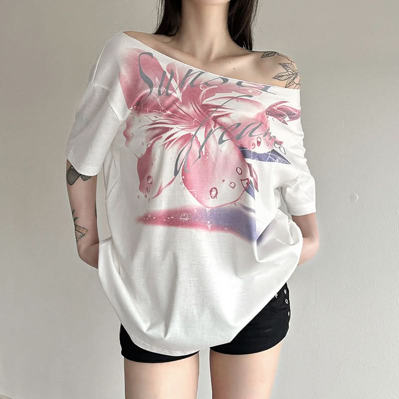 Fall Bloom Oversized Off-Shoulder Tee | Chic Abstract Floral Graphic Top