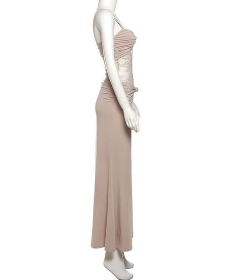 Autumn Allure: Elegant Ruched Lace Panel Cami Maxi Dress - Holiday Party & Gala Ready
