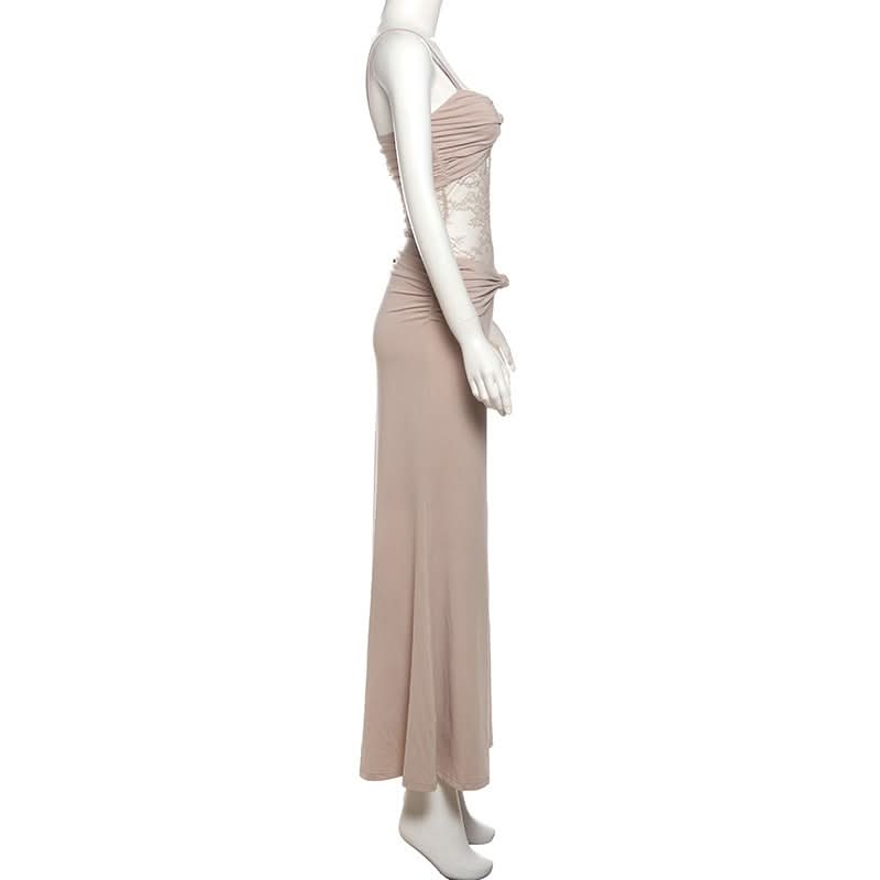 Autumn Allure: Elegant Ruched Lace Panel Cami Maxi Dress - Holiday Party & Gala Ready