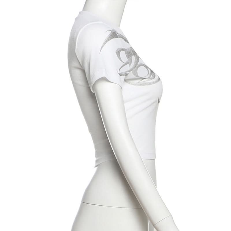 Abstract Wave Print Slim Fit Crop Top - Y2K Style for Effortless Fall Fashion