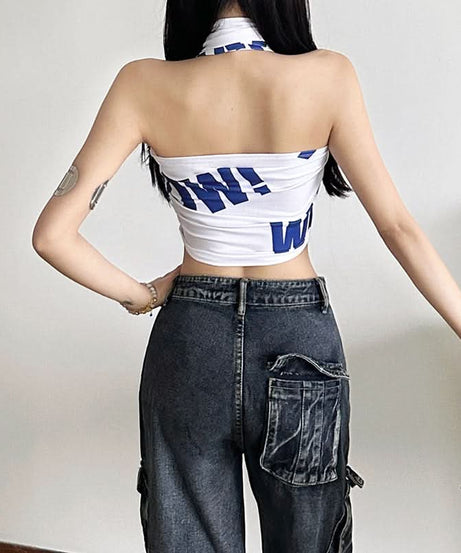 Effortless Edge: Black & White Twist-Front Halter Crop Top | American Fall Street Style