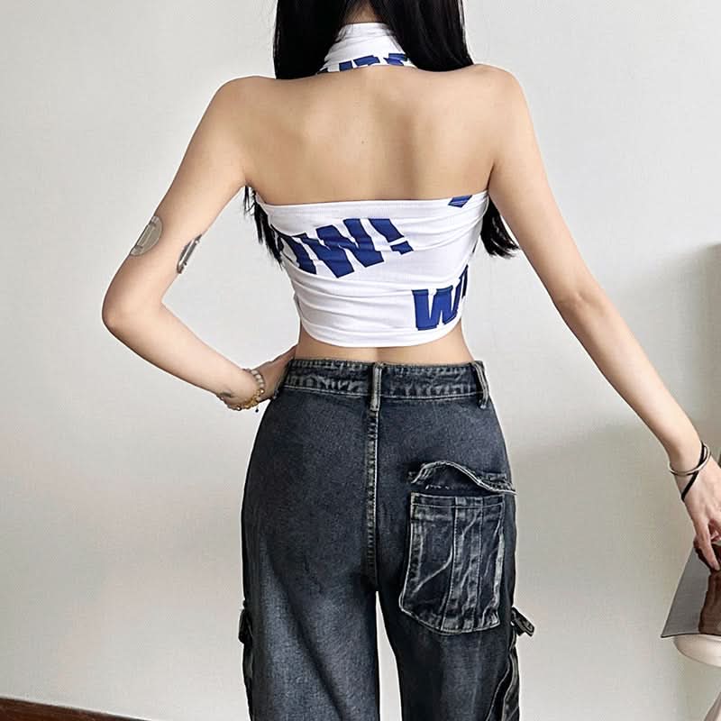 Effortless Edge: Black & White Twist-Front Halter Crop Top | American Fall Street Style