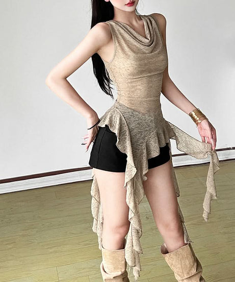 Effortless Fall Flow: Sheer Knit Asymmetric Ruffle Cowl Neck Tunic