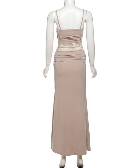 Autumn Allure: Elegant Ruched Lace Panel Cami Maxi Dress - Holiday Party & Gala Ready