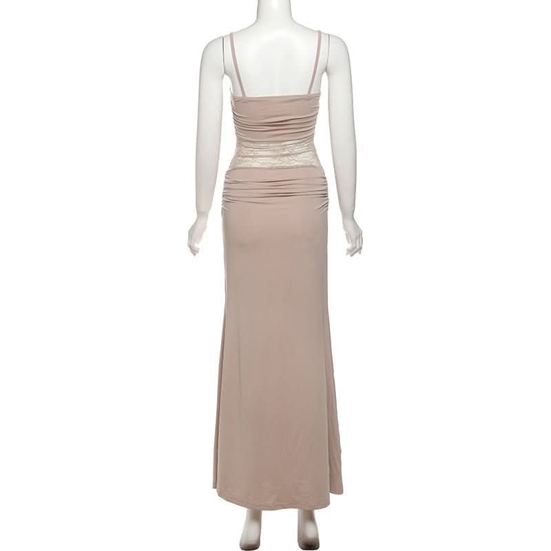 Autumn Allure: Elegant Ruched Lace Panel Cami Maxi Dress - Holiday Party & Gala Ready