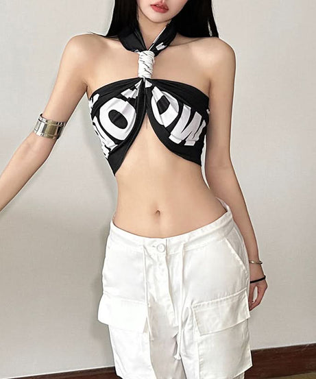 Effortless Edge: Black & White Twist-Front Halter Crop Top | American Fall Street Style