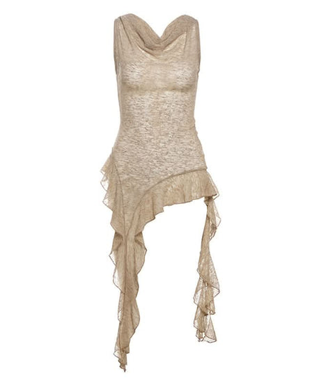 Effortless Fall Flow: Sheer Knit Asymmetric Ruffle Cowl Neck Tunic