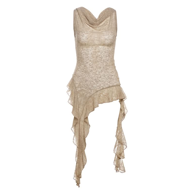 Effortless Fall Flow: Sheer Knit Asymmetric Ruffle Cowl Neck Tunic