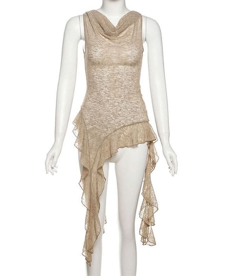 Effortless Fall Flow: Sheer Knit Asymmetric Ruffle Cowl Neck Tunic