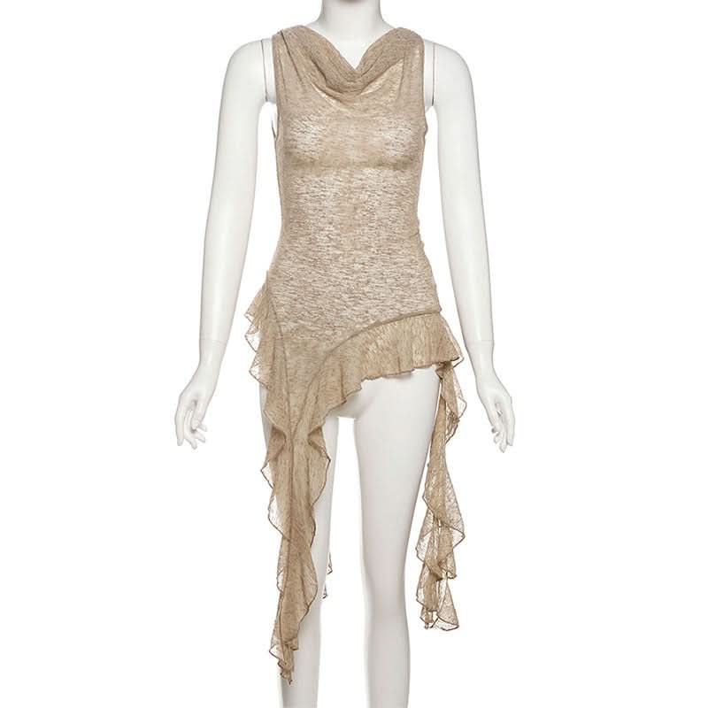 Effortless Fall Flow: Sheer Knit Asymmetric Ruffle Cowl Neck Tunic