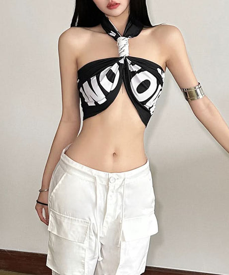 Effortless Edge: Black & White Twist-Front Halter Crop Top | American Fall Street Style