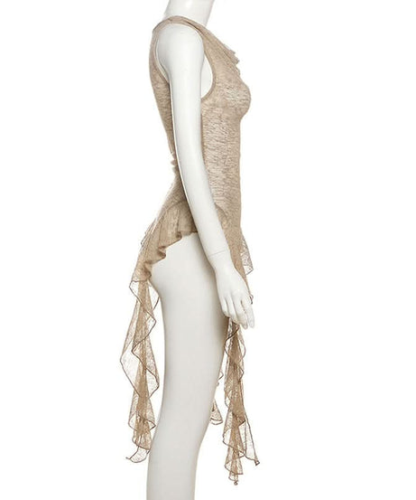 Effortless Fall Flow: Sheer Knit Asymmetric Ruffle Cowl Neck Tunic