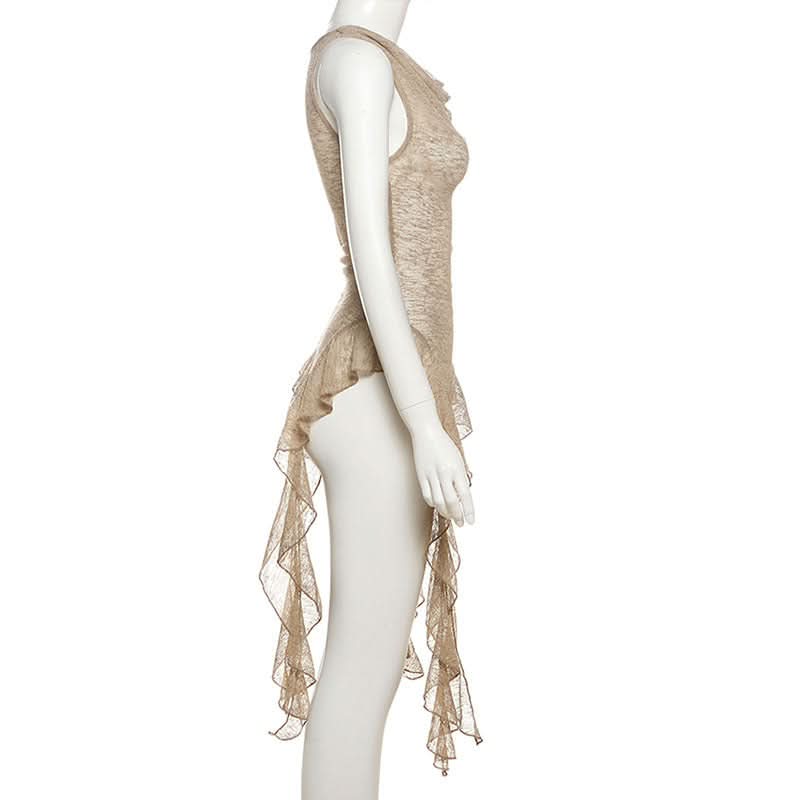 Effortless Fall Flow: Sheer Knit Asymmetric Ruffle Cowl Neck Tunic