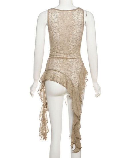 Effortless Fall Flow: Sheer Knit Asymmetric Ruffle Cowl Neck Tunic