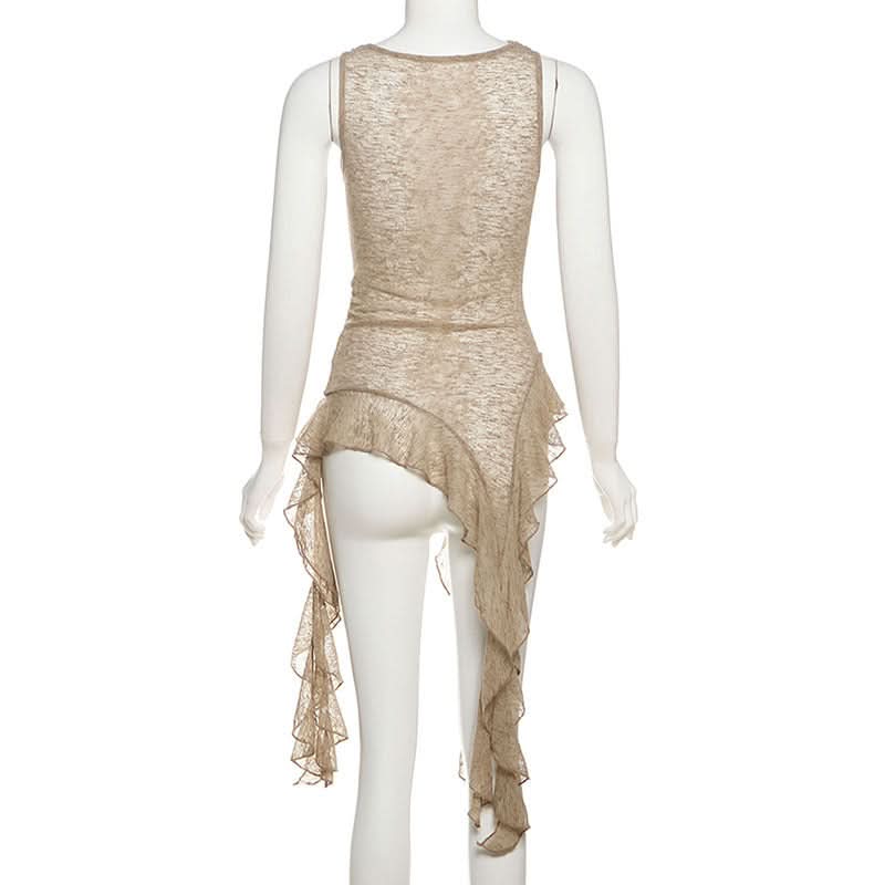 Effortless Fall Flow: Sheer Knit Asymmetric Ruffle Cowl Neck Tunic