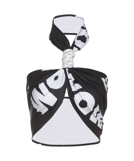 Effortless Edge: Black & White Twist-Front Halter Crop Top | American Fall Street Style