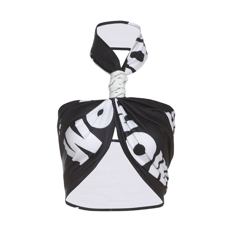 Effortless Edge: Black & White Twist-Front Halter Crop Top | American Fall Street Style