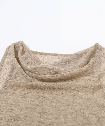 Effortless Fall Flow: Sheer Knit Asymmetric Ruffle Cowl Neck Tunic