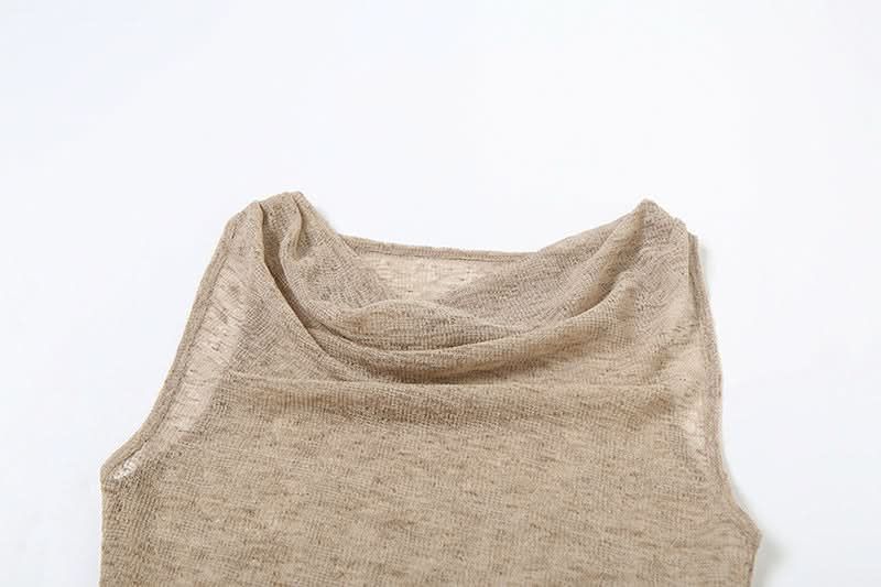 Effortless Fall Flow: Sheer Knit Asymmetric Ruffle Cowl Neck Tunic