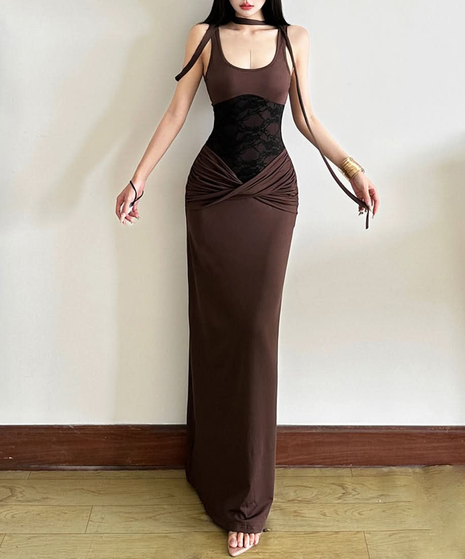 Autumn Allure: Luxe Lace Patchwork Ruched Maxi Dress - Elegant Bodycon for Fall Evenings