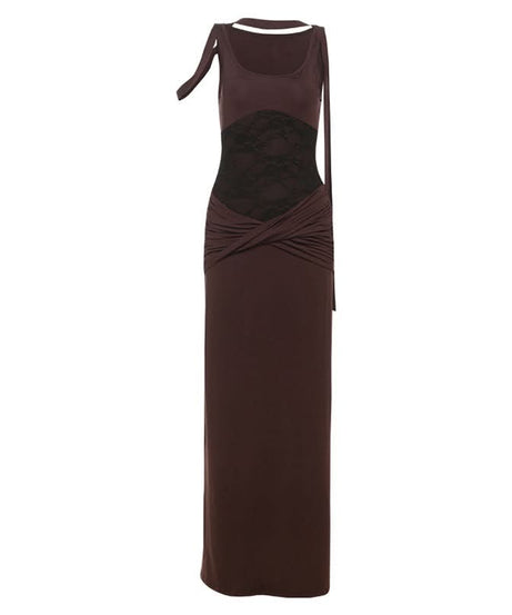 Autumn Allure: Luxe Lace Patchwork Ruched Maxi Dress - Elegant Bodycon for Fall Evenings