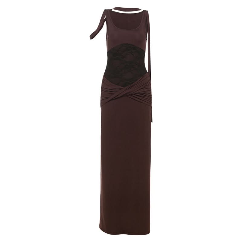 Autumn Allure: Luxe Lace Patchwork Ruched Maxi Dress - Elegant Bodycon for Fall Evenings