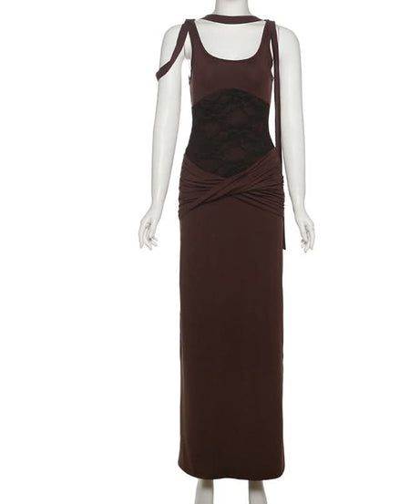 Autumn Allure: Luxe Lace Patchwork Ruched Maxi Dress - Elegant Bodycon for Fall Evenings
