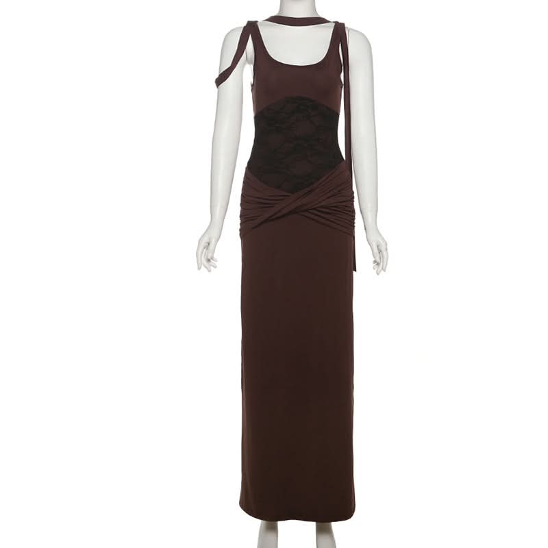 Autumn Allure: Luxe Lace Patchwork Ruched Maxi Dress - Elegant Bodycon for Fall Evenings