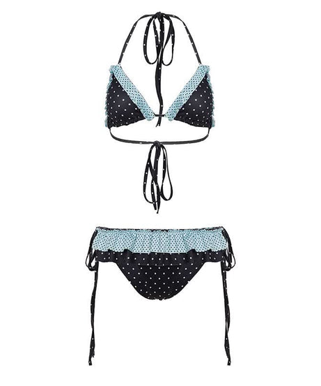 Chic Polka Dot Halter Bikini Set with Ruffled Trim – Vintage-Inspired Tie-Side Swimwear for Your Next Tropical Getaway