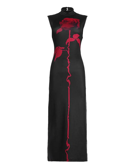 Midnight Bloom Mock Neck Maxi Dress – Iconic Red Rose Print & High Slit for Fall & Holiday Glamour