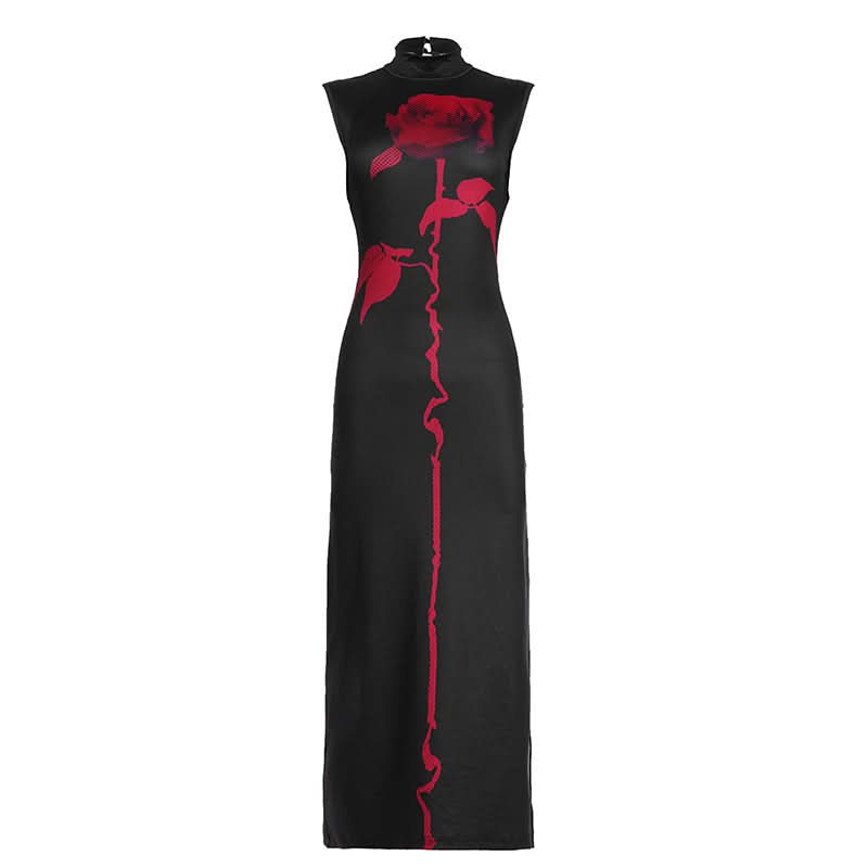 Midnight Bloom Mock Neck Maxi Dress – Iconic Red Rose Print & High Slit for Fall & Holiday Glamour