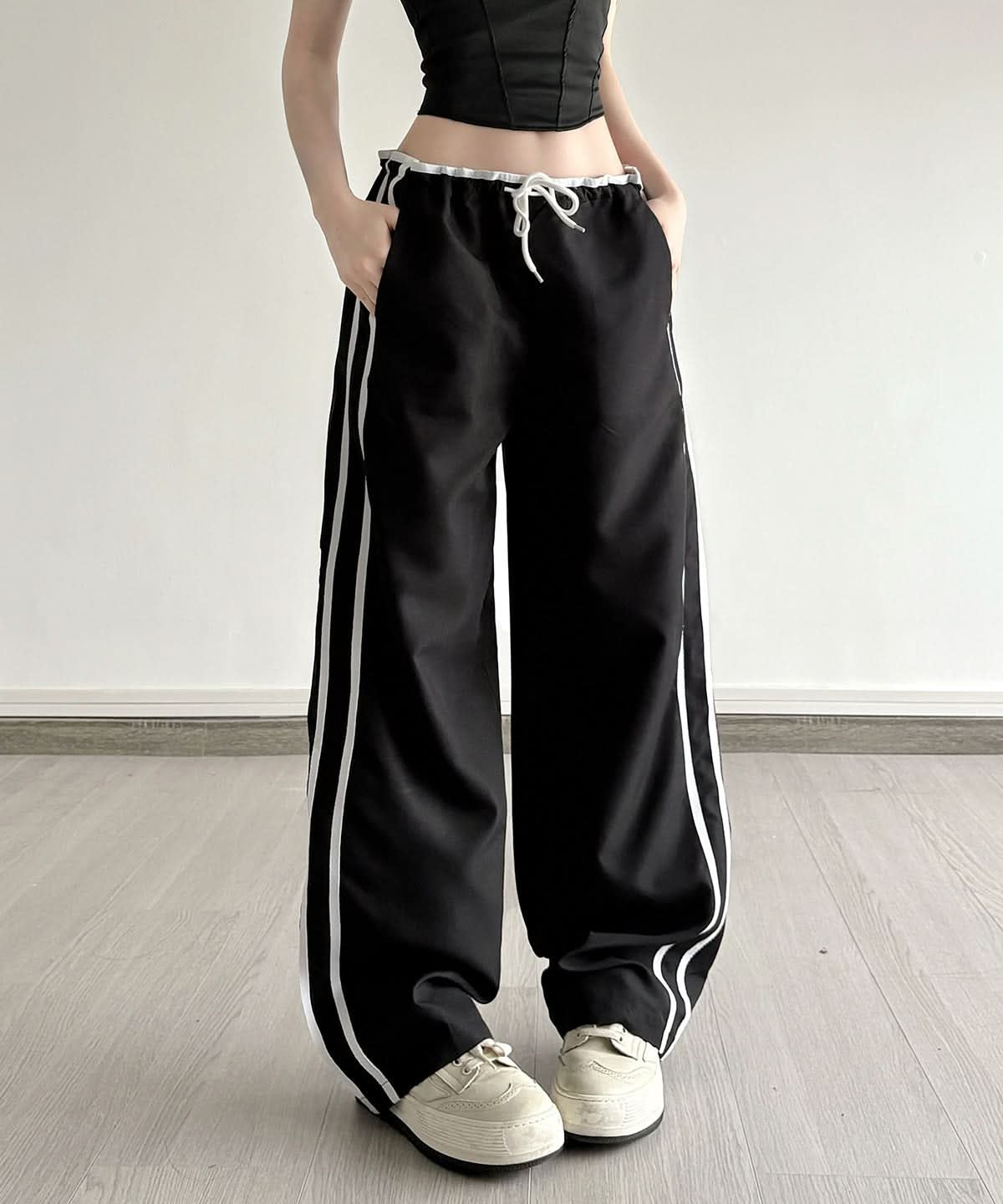 Comfy Chic Black Wide-Leg Track Pants | Drawstring Side Stripe Fall Style