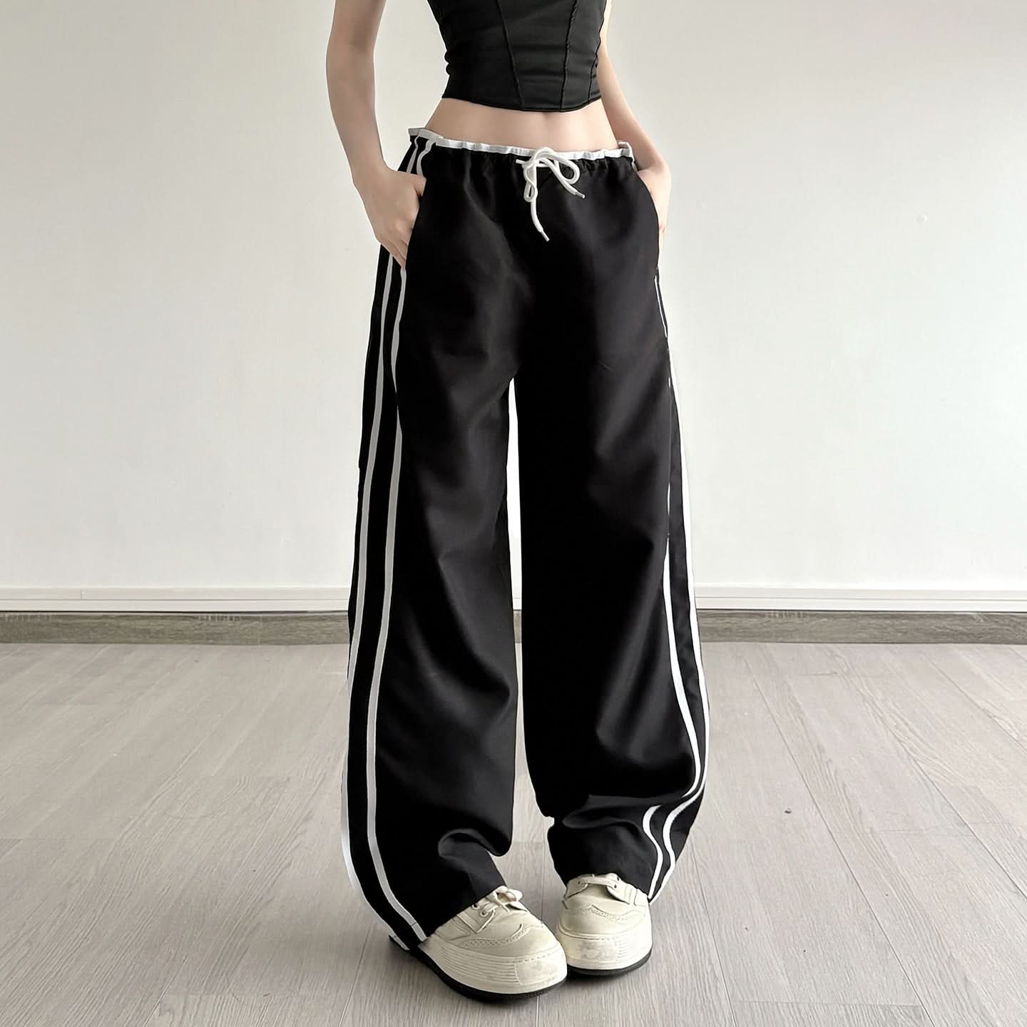 Comfy Chic Black Wide-Leg Track Pants | Drawstring Side Stripe Fall Style