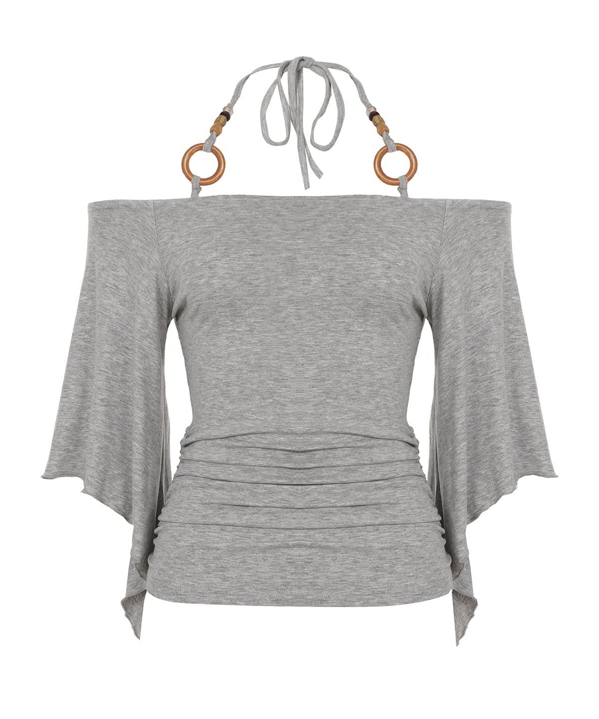 Autumn Breeze: Chic Ruched Off-Shoulder Halter Top with Boho O-Rings