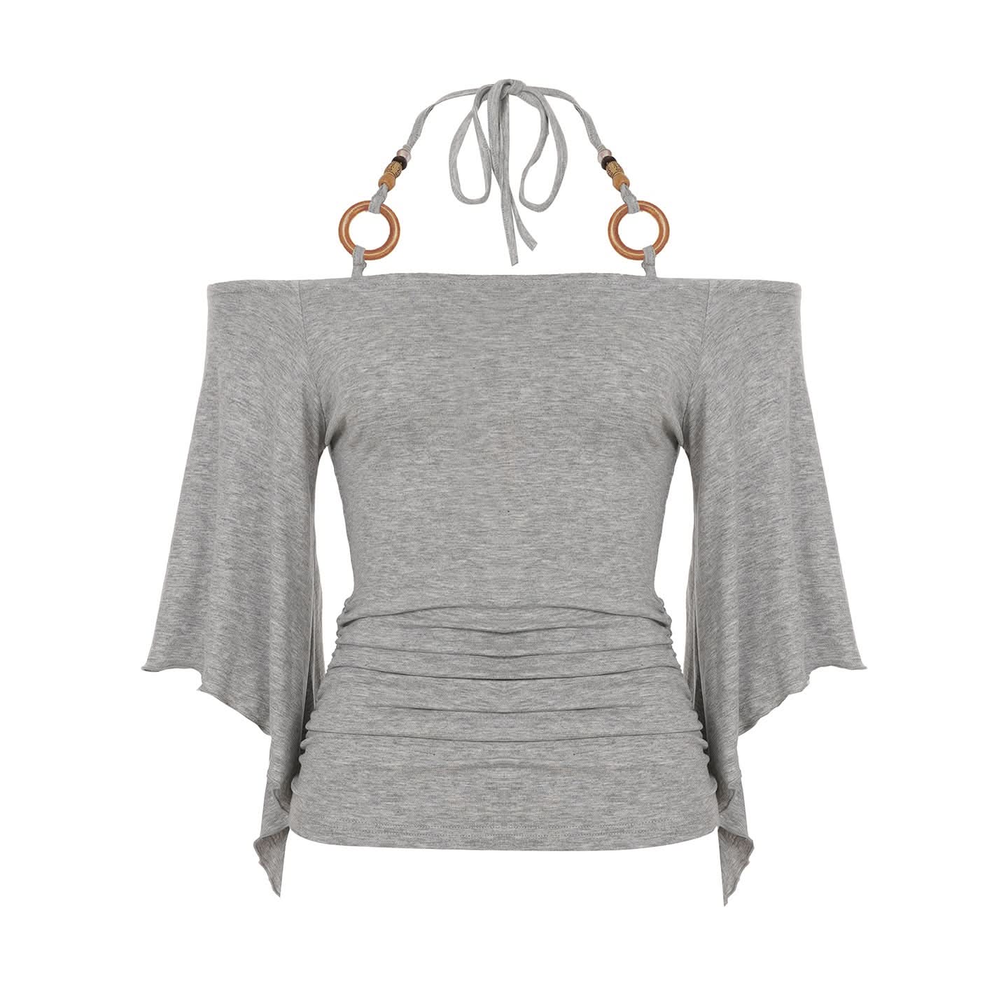Autumn Breeze: Chic Ruched Off-Shoulder Halter Top with Boho O-Rings