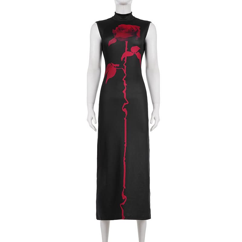 Midnight Bloom Mock Neck Maxi Dress – Iconic Red Rose Print & High Slit for Fall & Holiday Glamour