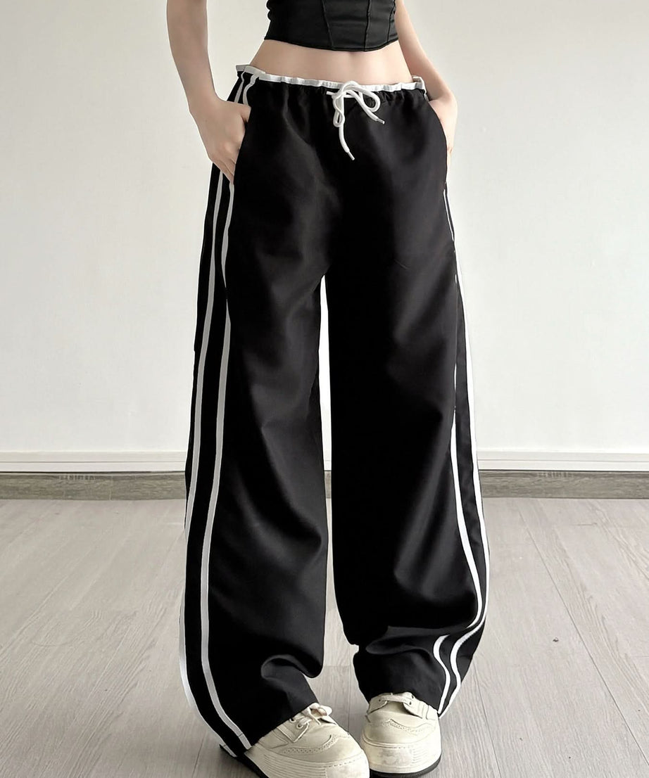 Comfy Chic Black Wide-Leg Track Pants | Drawstring Side Stripe Fall Style