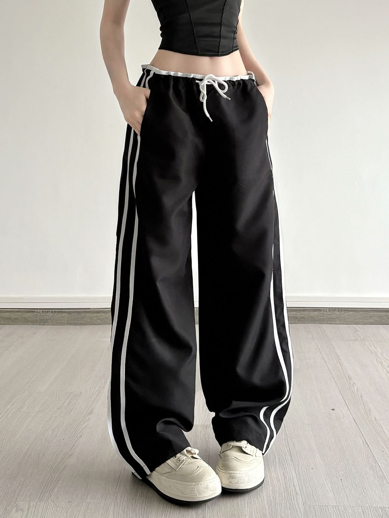 Comfy Chic Black Wide-Leg Track Pants | Drawstring Side Stripe Fall Style