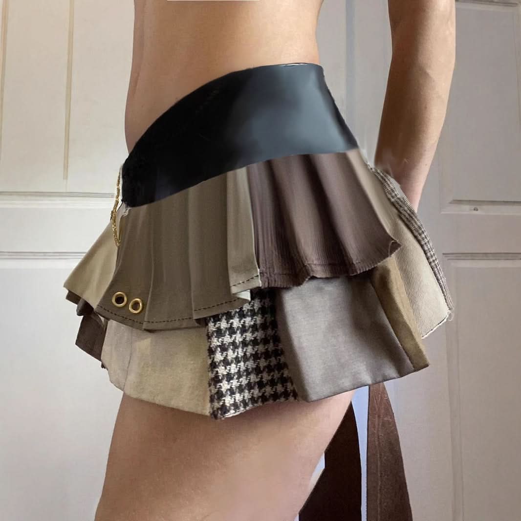 Y2K Edgy Patchwork Pleated Mini Skirt | Autumn Low-Rise Chain Detail