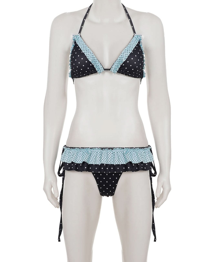 Chic Polka Dot Halter Bikini Set with Ruffled Trim – Vintage-Inspired Tie-Side Swimwear for Your Next Tropical Getaway