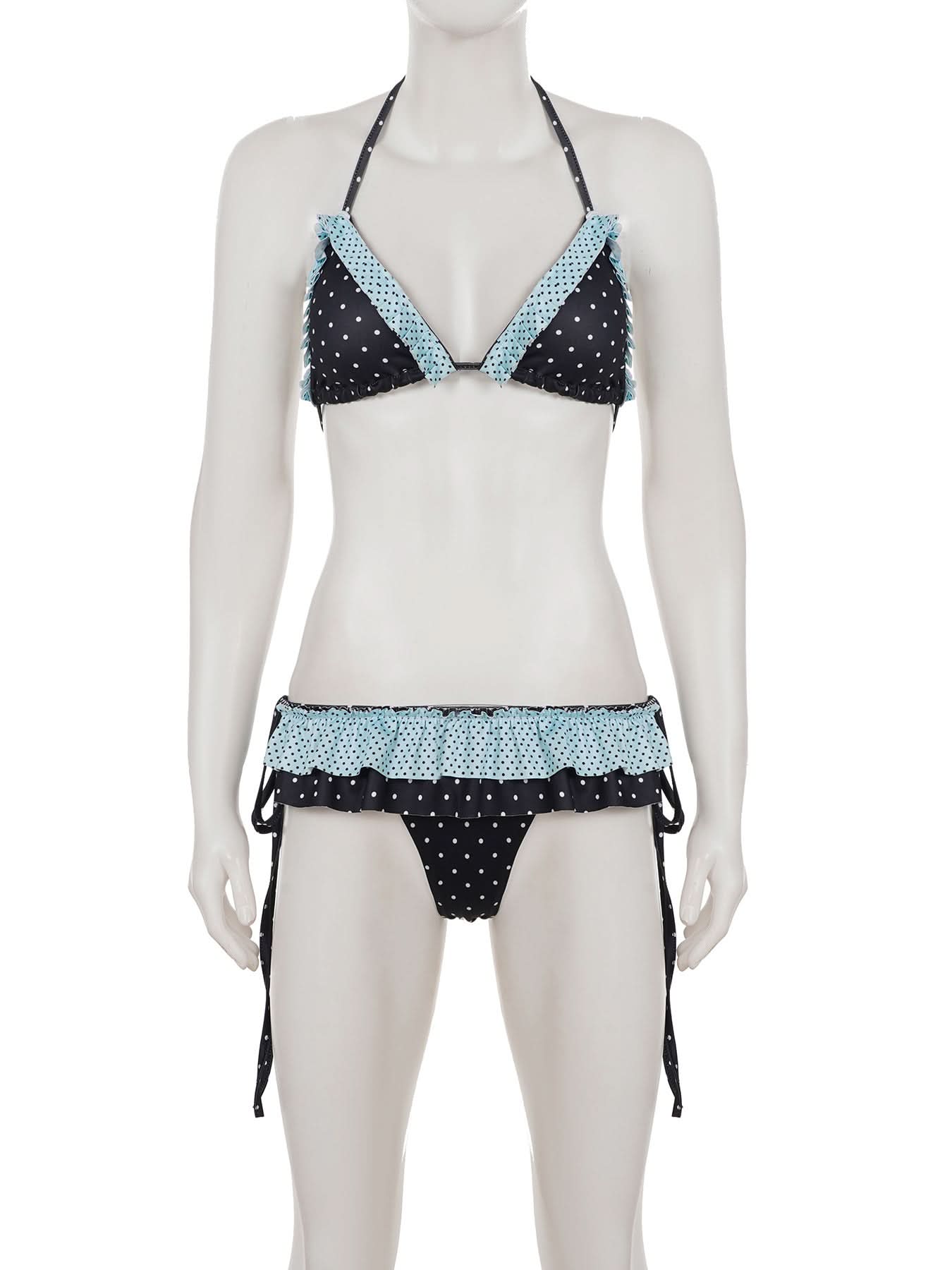 Chic Polka Dot Halter Bikini Set with Ruffled Trim – Vintage-Inspired Tie-Side Swimwear for Your Next Tropical Getaway